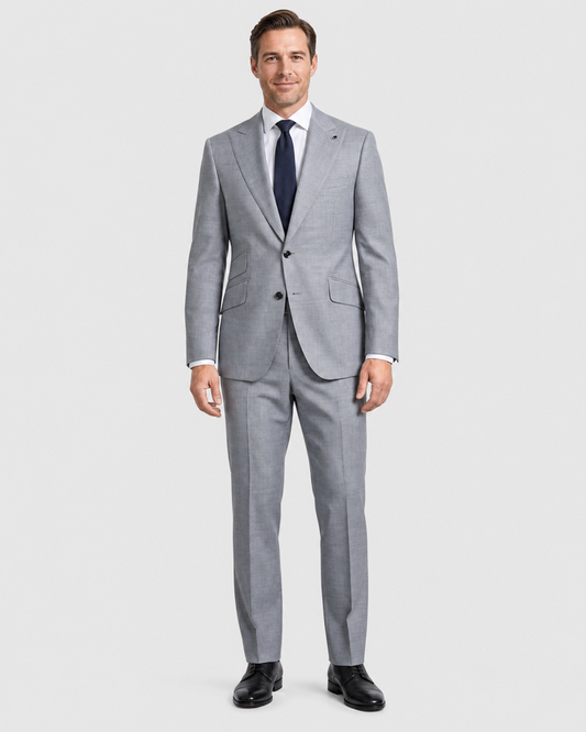 Arhur Black Marzotto Gabardine Solid Grey Slim Fit Peak Lapel 2-Button Wool Suit - The Suit Depot
