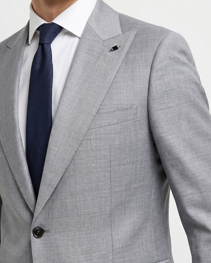 Arhur Black Marzotto Gabardine Solid Grey Slim Fit Peak Lapel 2-Button Wool Suit - The Suit Depot