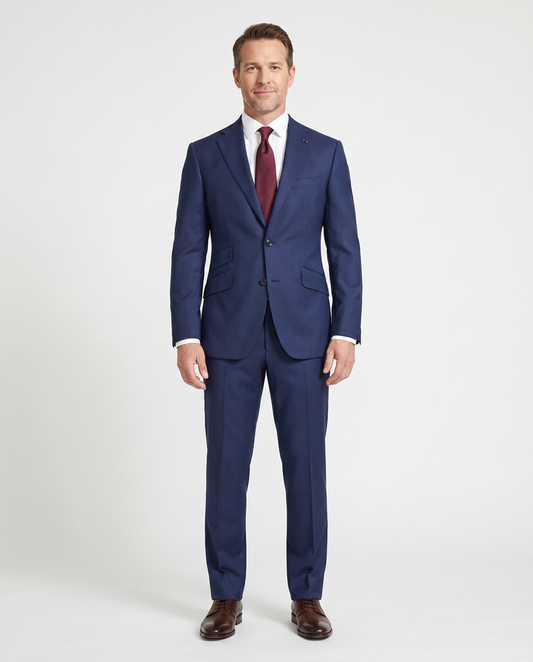 Arthur Black Solid Dark Blue Slim Fit Marzotto Gabardine Wool 2-Button Suit - The Suit Depot