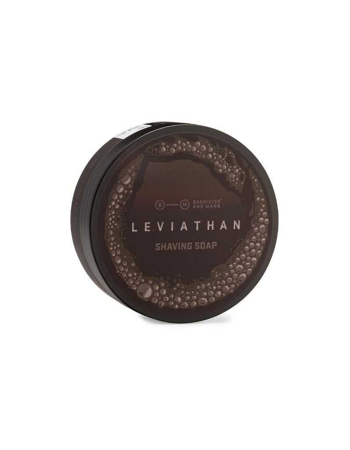 Leviathan shaving soap container with dark leather and coffee scent