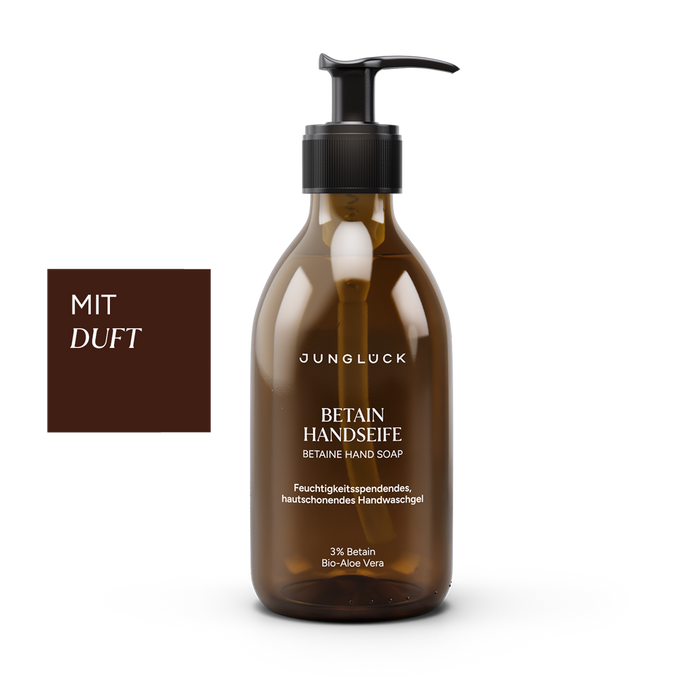 Braunglasflasche mit Pumpverschluss, Betain Handseife 240ml, feuchtigkeitsspendend, mit Duft, Ergänzung Bio-Aloe Vera.
