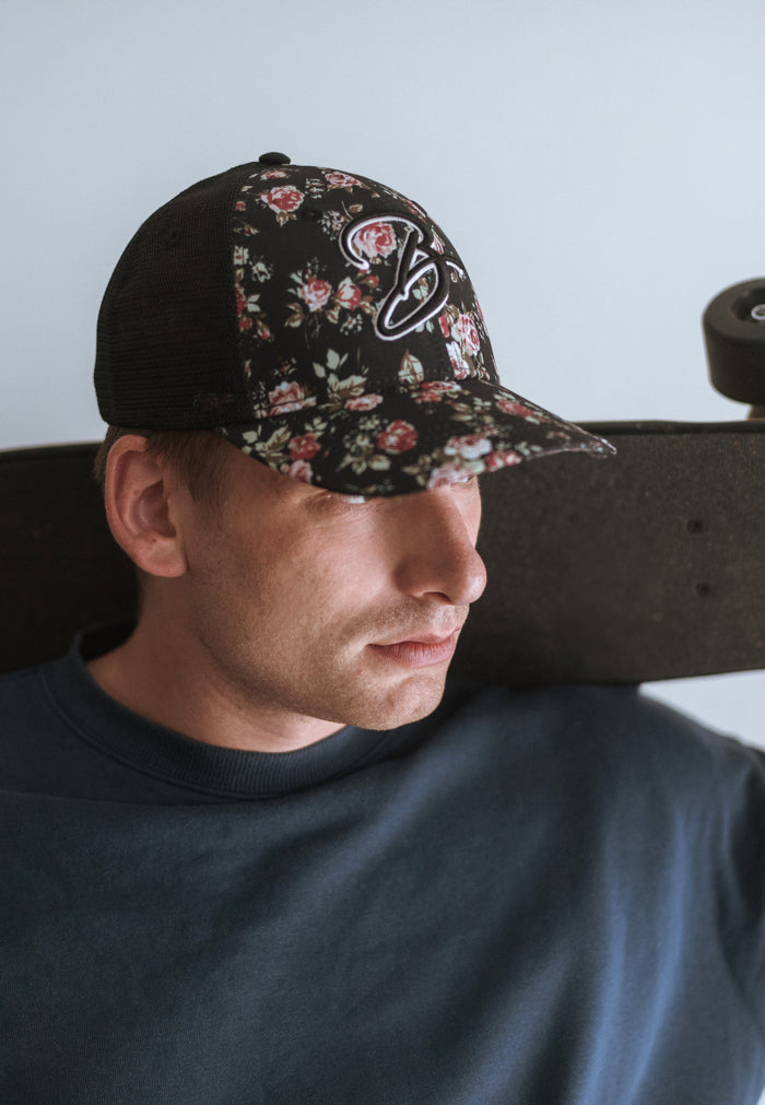 Blackskies-Black-Beauty-Trucker-Cap-Floral-Rose-Model