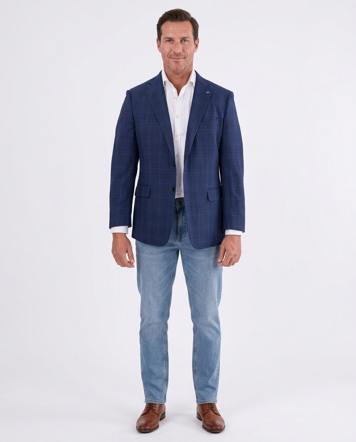 Blujacket Mens Navy Blue Plaid Reda Wool Regular Fit Blazer Sportcoat