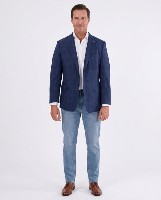 Blujacket Mens Navy Blue Plaid Reda Wool Regular Fit Blazer Sportcoat