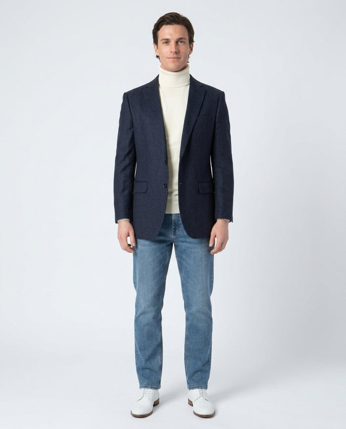 Blujacket Mens Navy Blue Regular Fit Silk Cashmere 2 Button Blazer Sportcoat