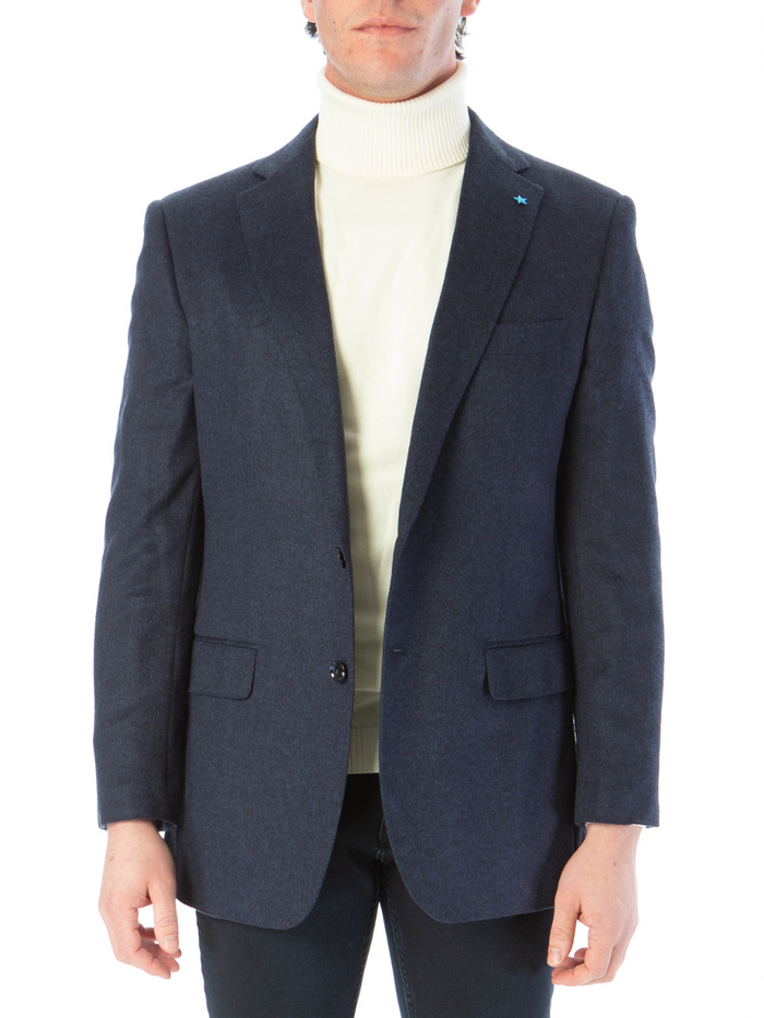 Blujacket Mens Navy Blue Regular Fit Silk Cashmere 2 Button Blazer Sportcoat