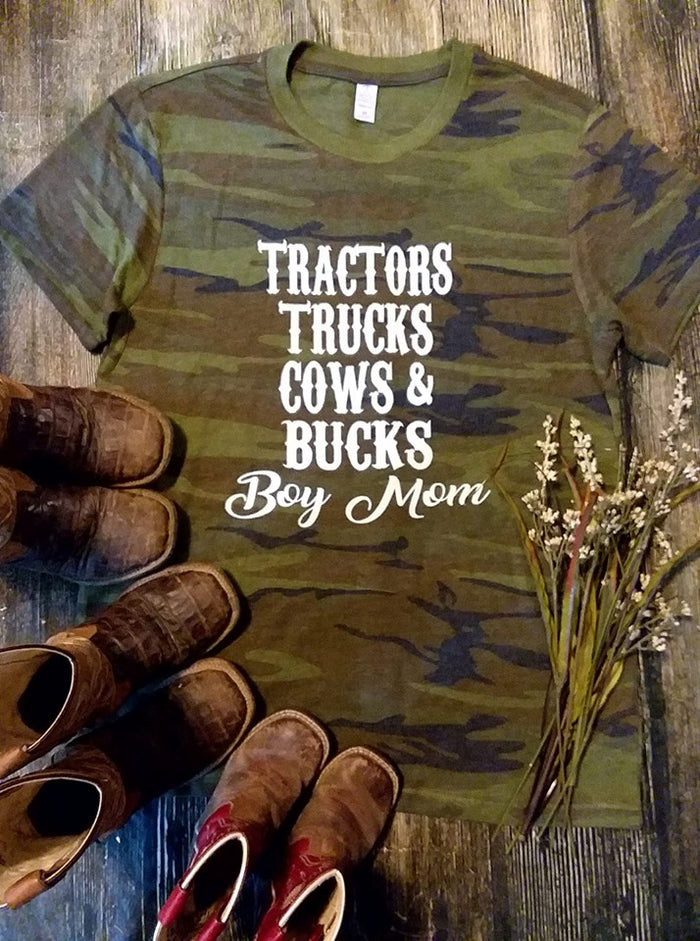 Camo Tractors Trucks C o w s  & Bucks Boy Mom Tee