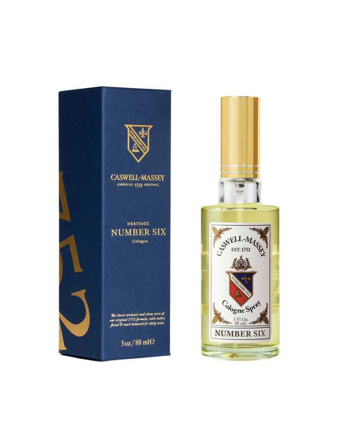 Number Six Cologne bottle with blue box, citrus woody fragrance, made in USA