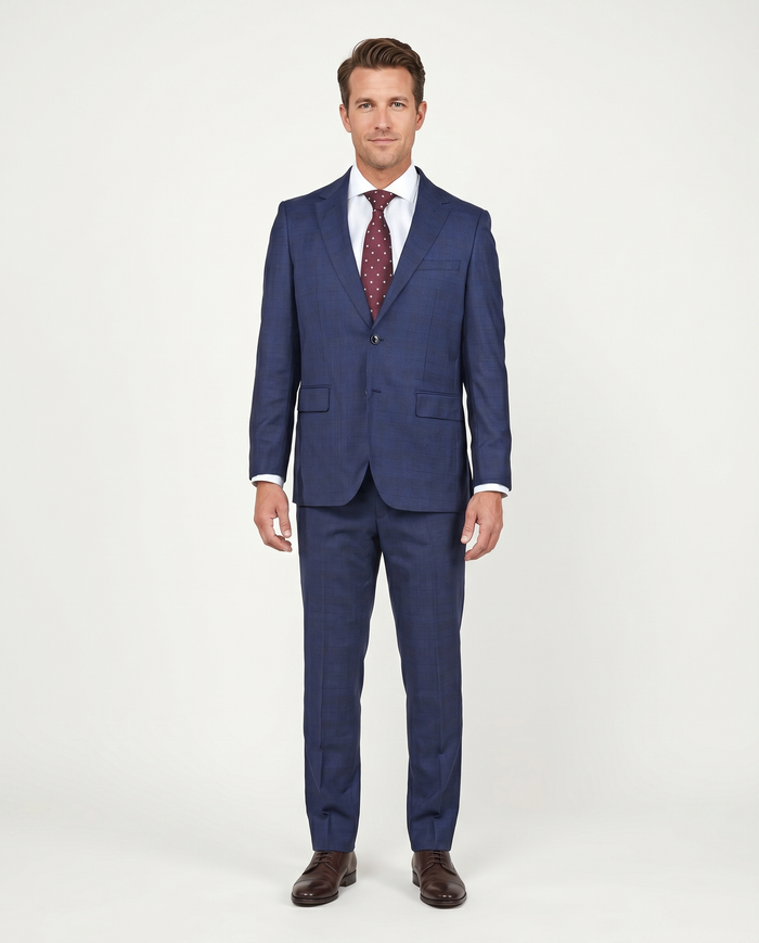Centrion Mens Blue Plaid Regular Fit 100% Wool 2 Button Suit