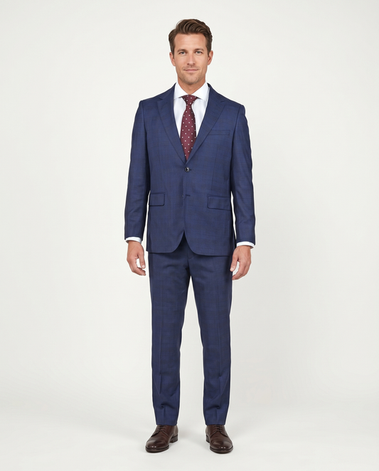 Centrion Mens Blue Plaid Regular Fit 100% Wool 2 Button Suit