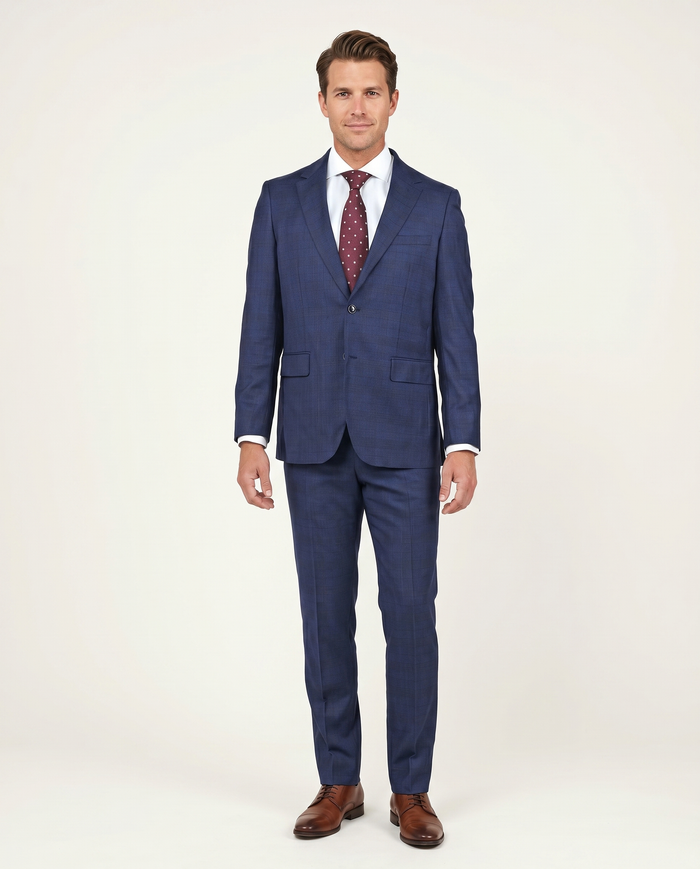 Centrion Mens Blue Plaid Slim Fit 100% Wool 2 Button Suit