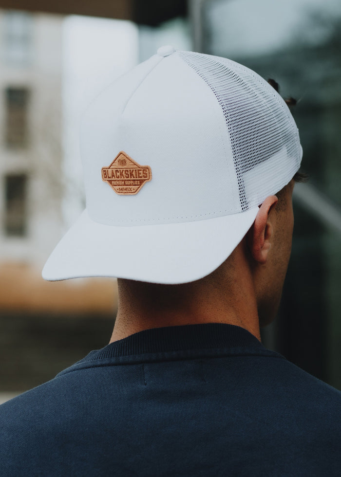 Blackskies-Essentials-Trucker-Cap-White-White-Brown-Model-2