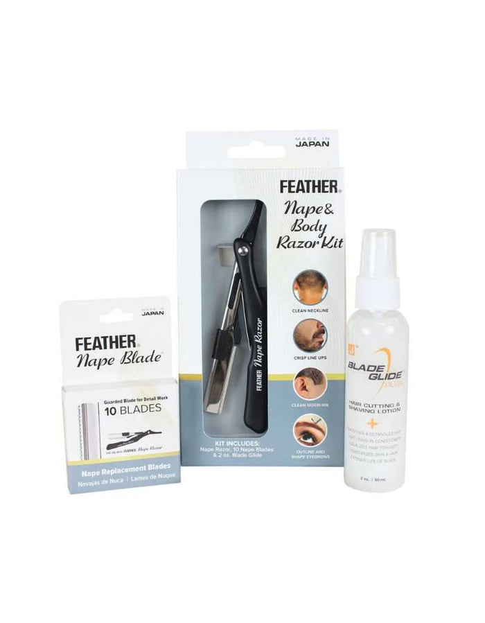 Feather Nape & Body Razor Kit with blades and spray for personal grooming