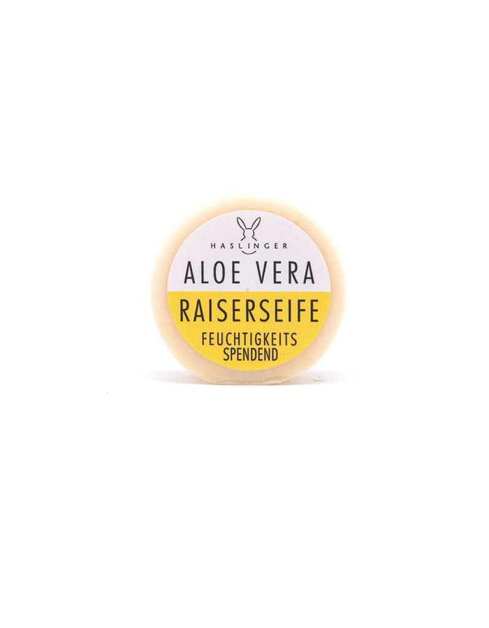 Haslinger Aloe Vera shaving soap with yellow and white label