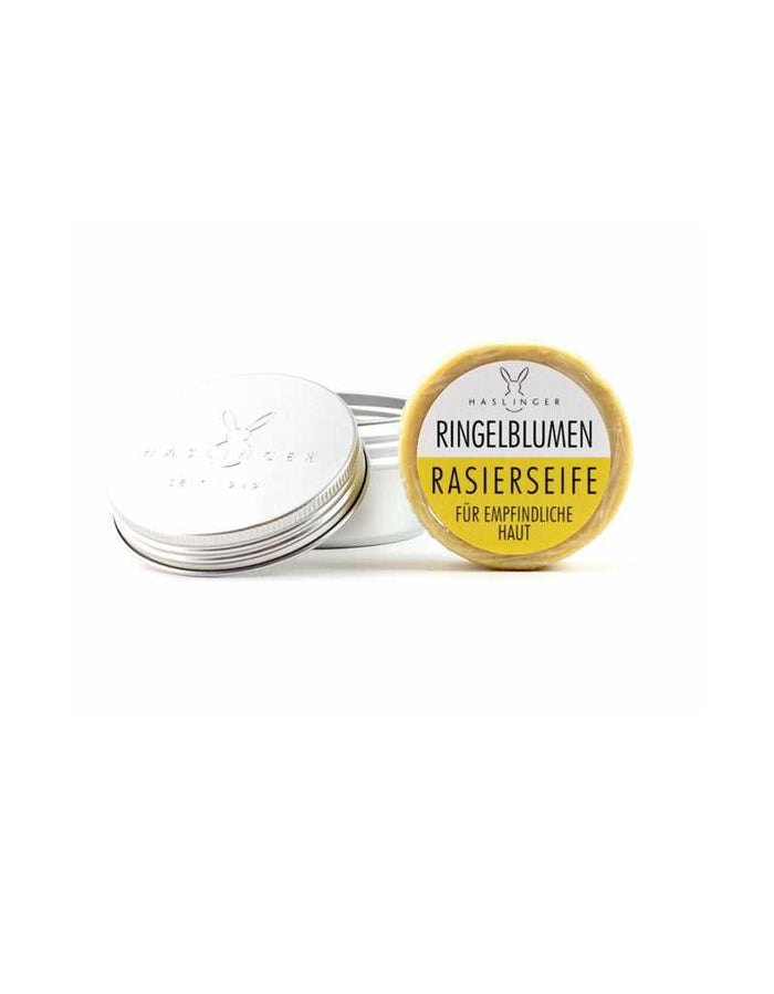 Haslinger Calendula shaving soap in aluminum tin for sensitive skin