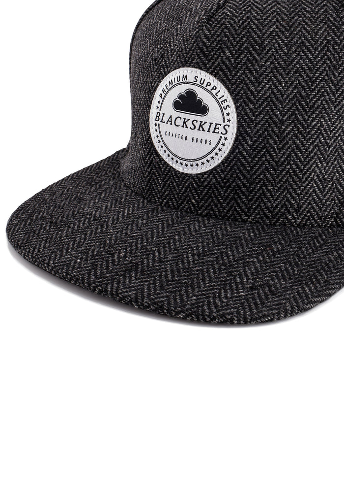 Blackskies-Hyperion-Snapback-Cap-Herringbone-Wool-Black-Grey-Baseball-Hat-Wool-Detail