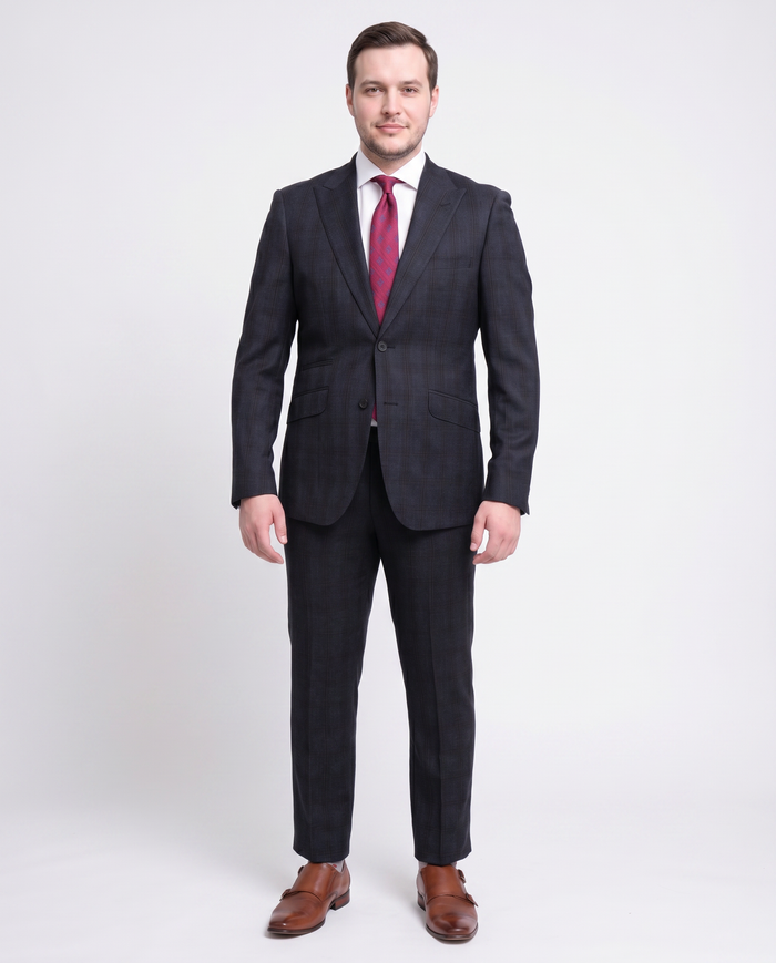 Ideal Slim Fit Blue And Red Plaid Two Button Wool Suit Peak Lapels