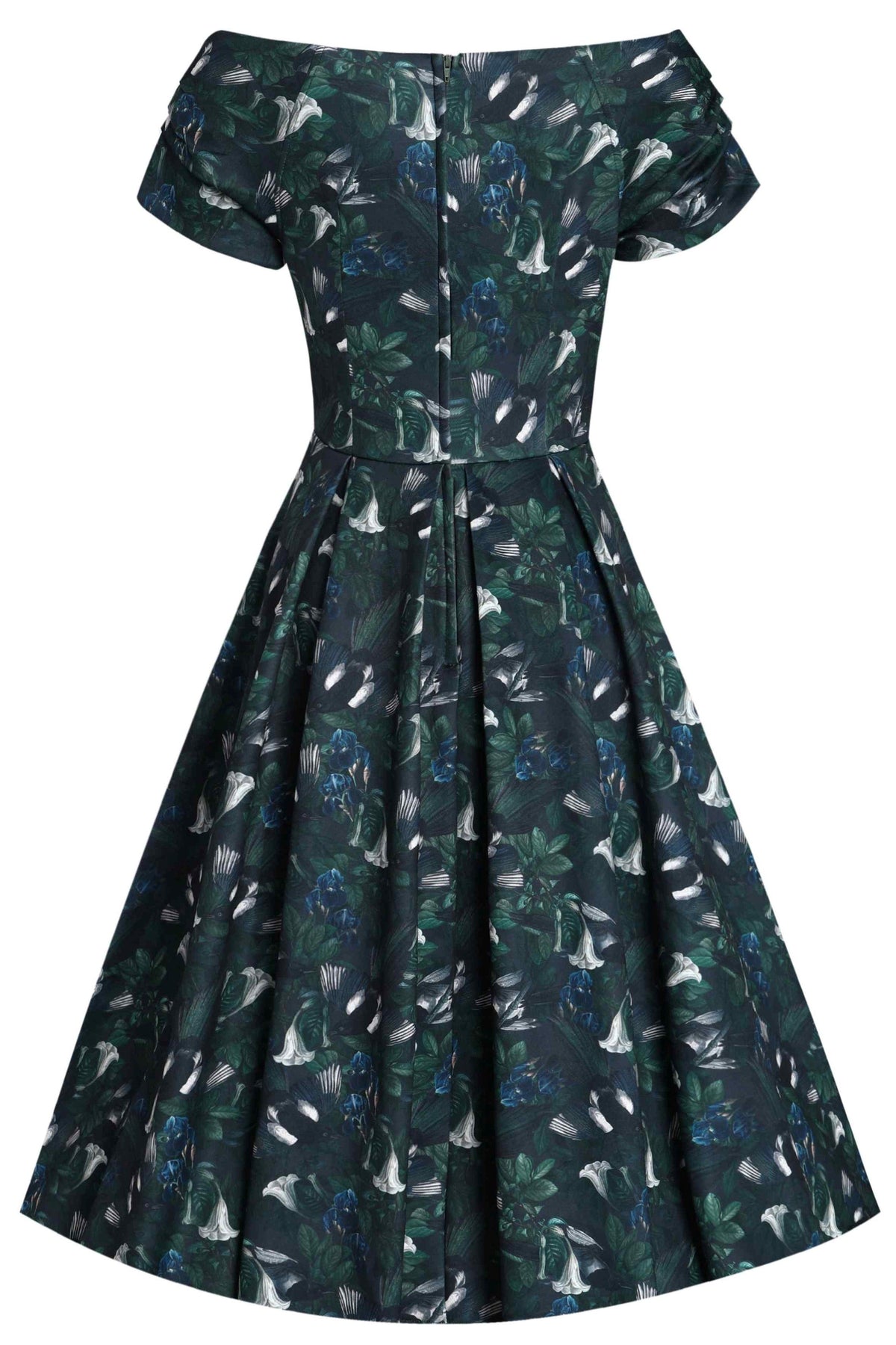 Lily Dark Green Off Shoulder Dress In Magpie Print