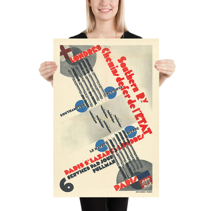 London to Paris Rail & Boat Travel Poster by Roger de Valerio, 1930