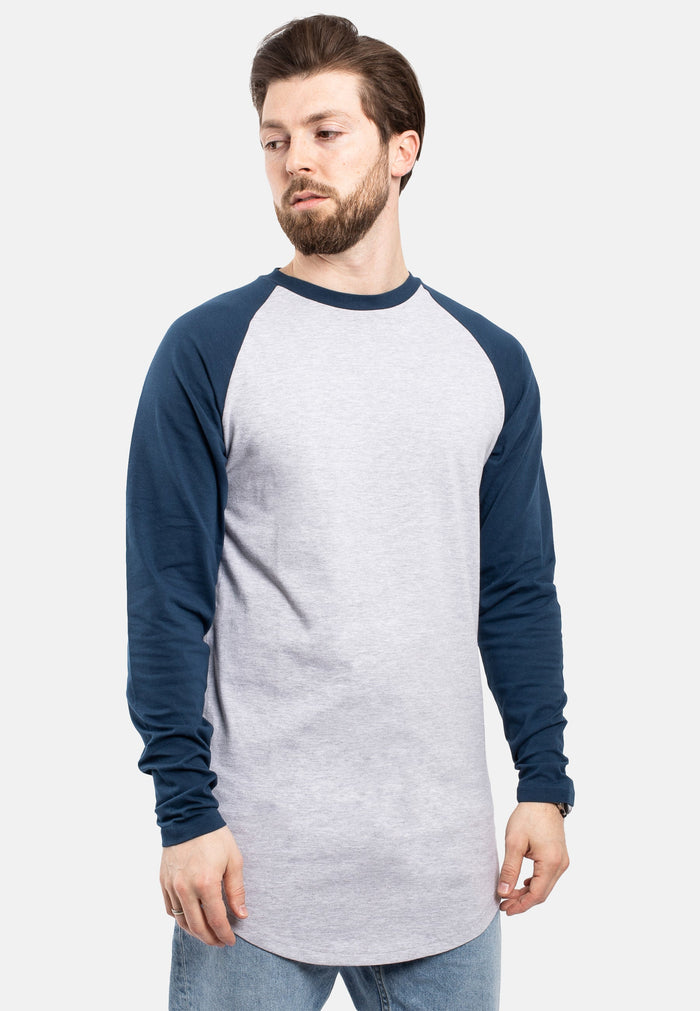 Blackskies-Longline-Baseball-Long-Sleeve-T-Shirt-Ash-Grey-Navy-Bllue-Mens-Long-Tee-Side-Pose