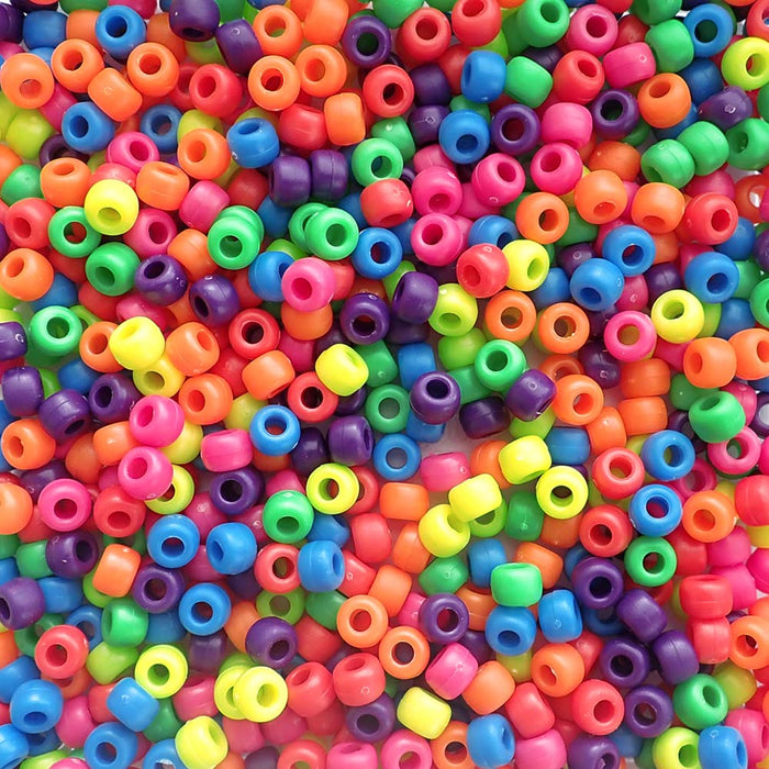Matte Neon Mix Plastic Pony Beads, 6x9mm, 500 beads