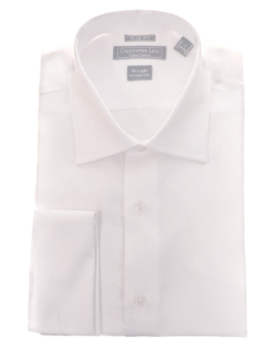 Men's Slim Fit White Textured Spread Collar French Cuff Cotton Dress Shirt - The Suit Depot