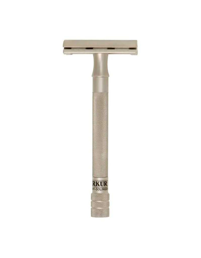 Merkur stainless steel safety razor with long handle and satin finish