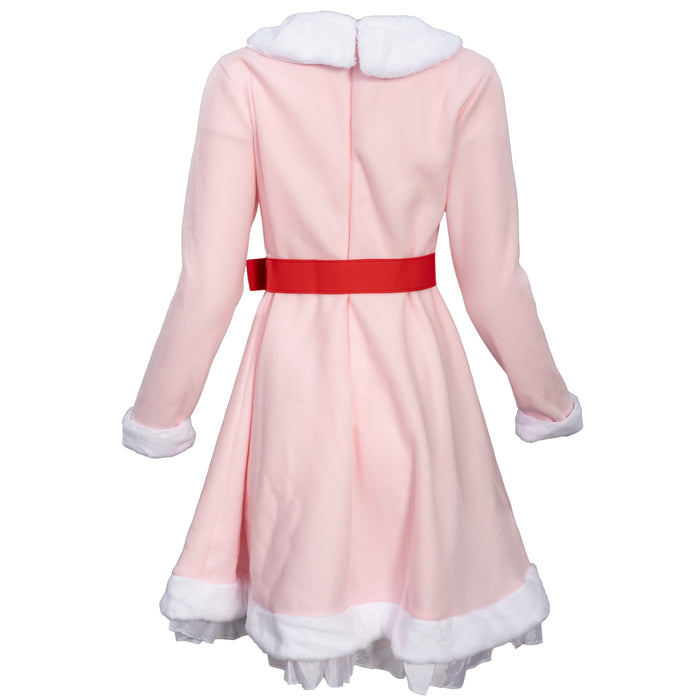 Mrs. Elf Christmas Halloween Costume Adults Holiday Pink Dress, Red Belt & Hat Festive Women’s Elf Outfit