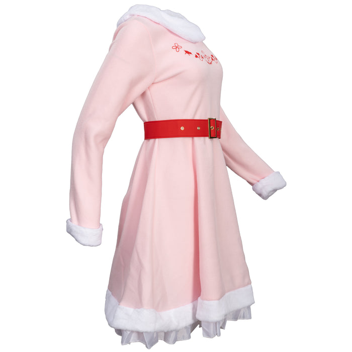 Mrs. Elf Christmas Halloween Costume Adults Holiday Pink Dress, Red Belt & Hat Festive Women’s Elf Outfit