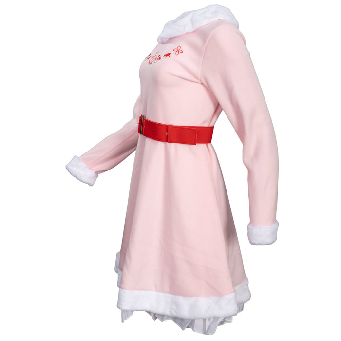 Mrs. Elf Christmas Halloween Costume Adults Holiday Pink Dress, Red Belt & Hat Festive Women’s Elf Outfit