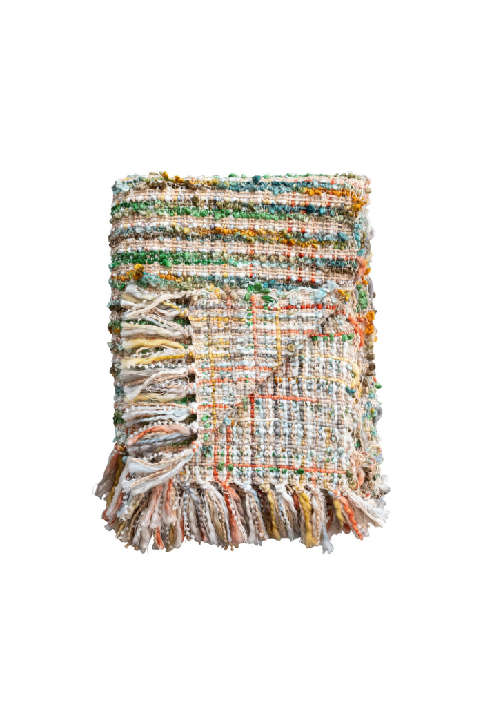 Creative-Co-op-Multicolored-Bouclé-Fringed -Throw-Blanket
