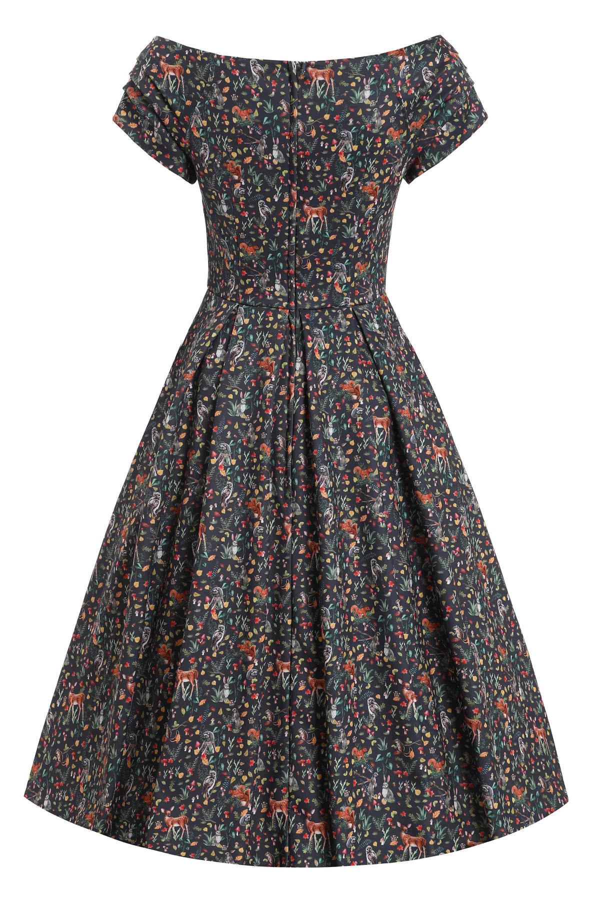 Lily Owl & Deer Off Shoulder Dress In Dark Green