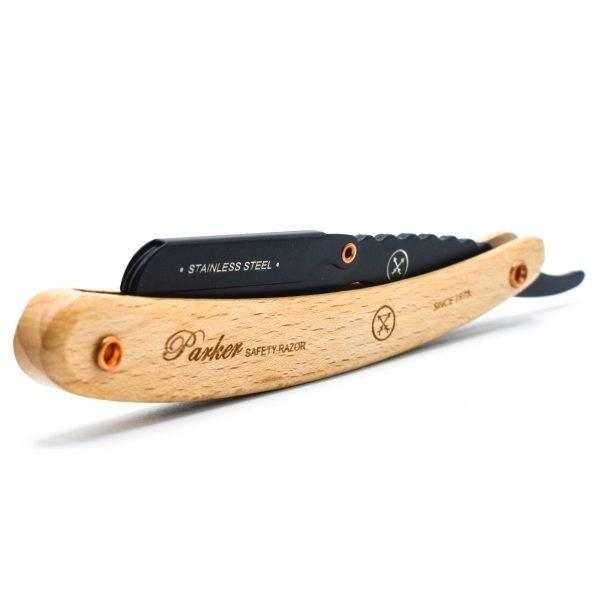 Side view of Parker shavette with contoured pine wood handle and stainless steel blade
