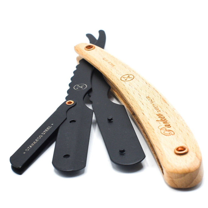 Black stainless steel Parker shavette with contoured pine wood handle and safety blade