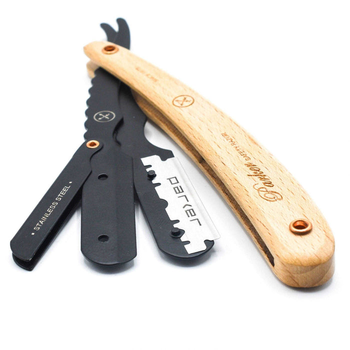Parker professional barber razor with contoured pine wood handle and stainless steel blade, angled view