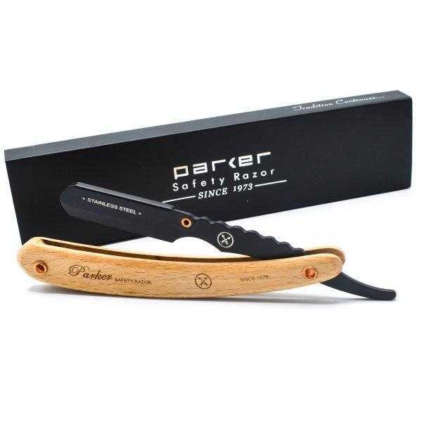 Parker safety razor with contoured pine wood handle in black box
