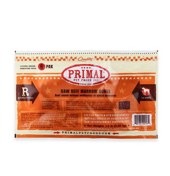 Primal Raw Beef Marrow Bones,  6-Pack Frozen