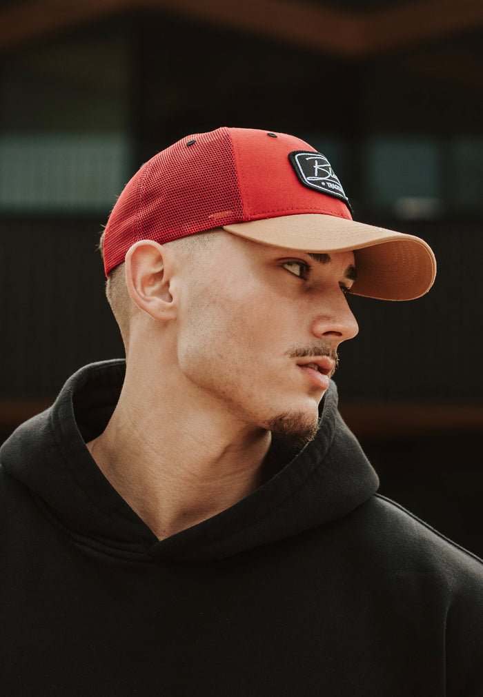 Blackskies-Race-Baseball-Cap-Red-Gold-Model-2