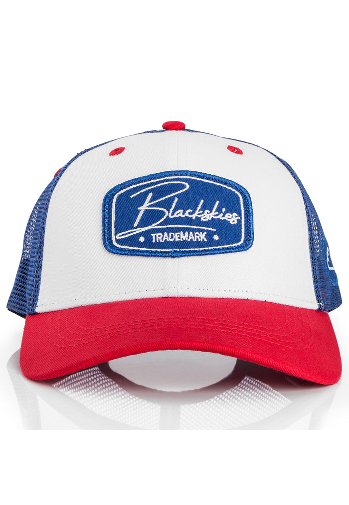 Blackskies-Razor-Baseball-Hat-White-Blue-Red-Snapback-Trucker-Mesh-Front