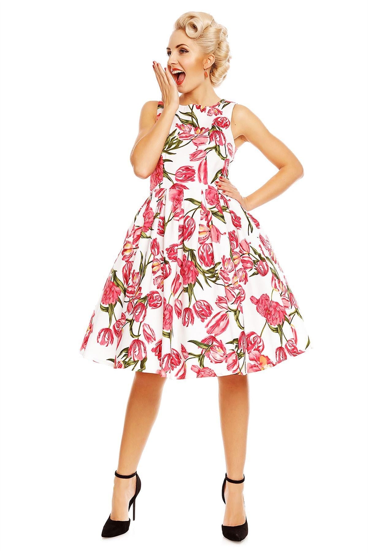 Annie Retro Tulip Floral Swing Dress in White-Pink