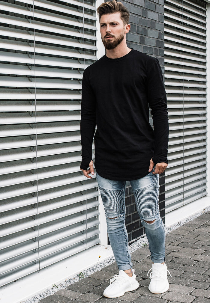 Blackskies-Round-Long-Sleeve-Longline-T-Shirt-Black-Model