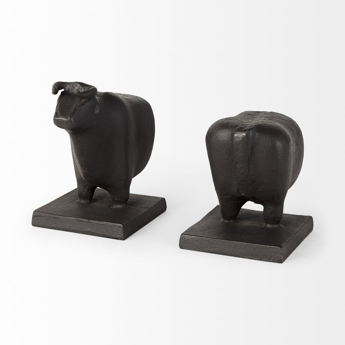 Set of Two 7" Black Fabric Bull Decorative Bookends