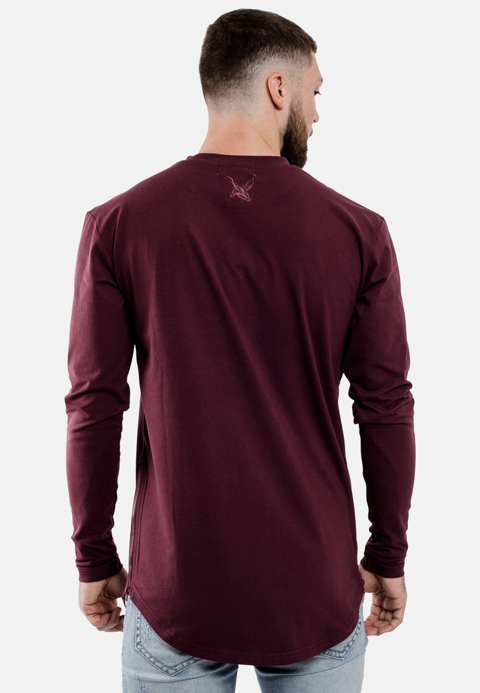 Oversize-Side-Zip-Longline-Longsleeve-T-Shirt-Burgundy-Back