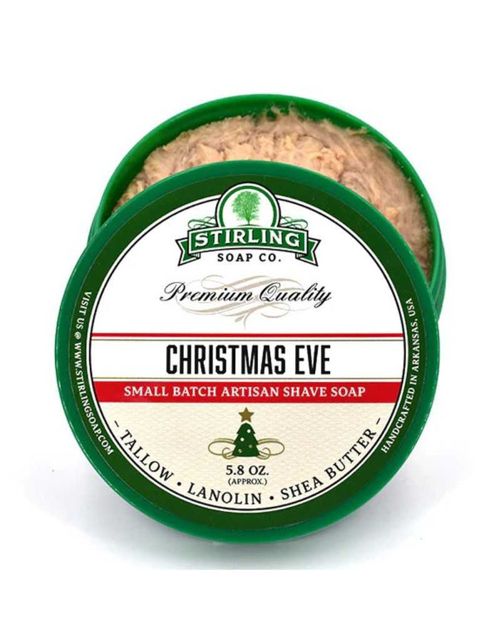 Stirling Christmas Eve Shave Soap 5.8 oz tin with lid open, showing creamy soap inside, for men's grooming