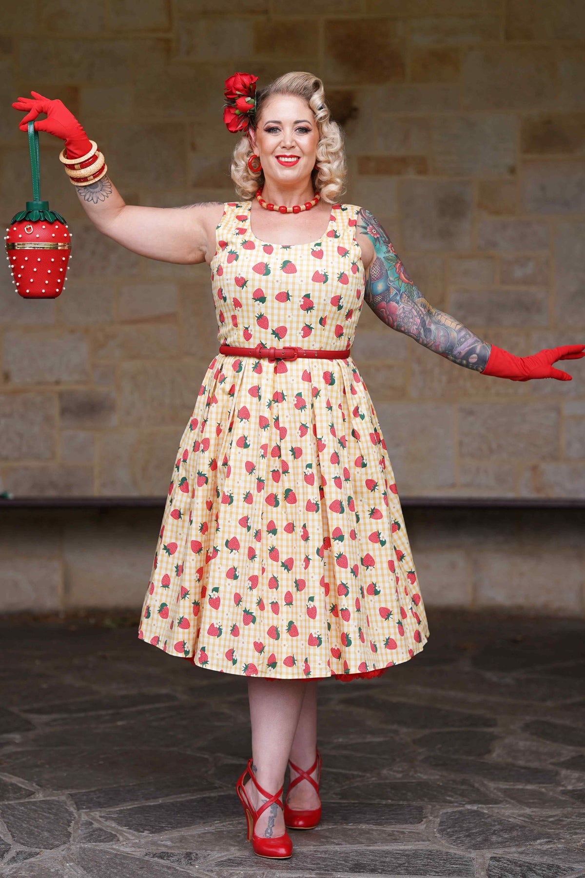 Amanda Strawberry Yellow Gingham Flared Dress