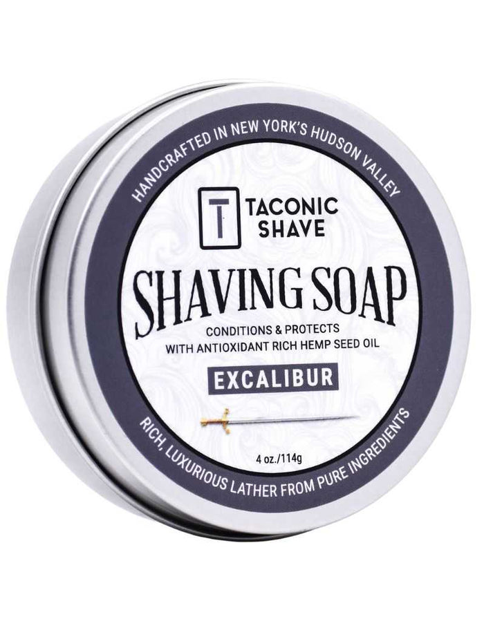 Taconic Excalibur Shaving Soap tin with musk and mahogany scent label
