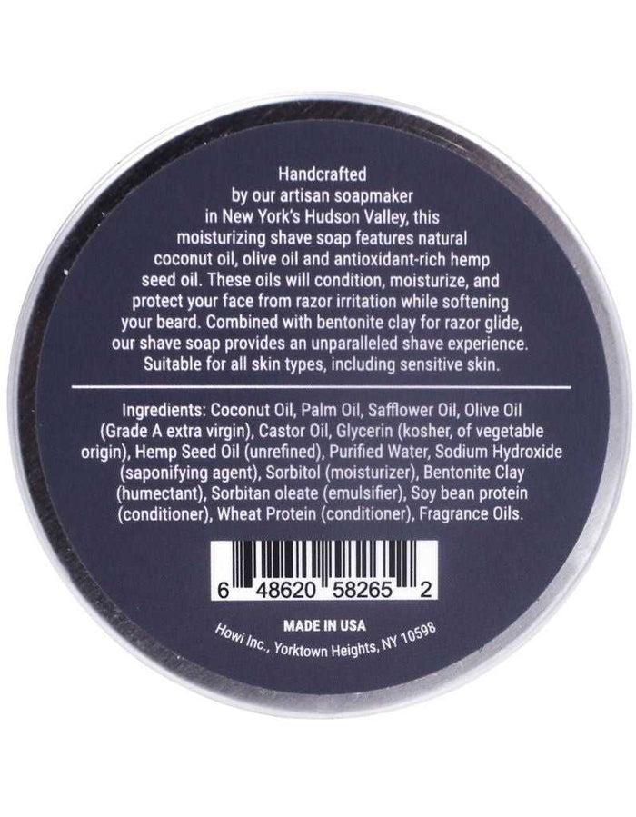 Back of Taconic Excalibur Shaving Soap tin with ingredients and description
