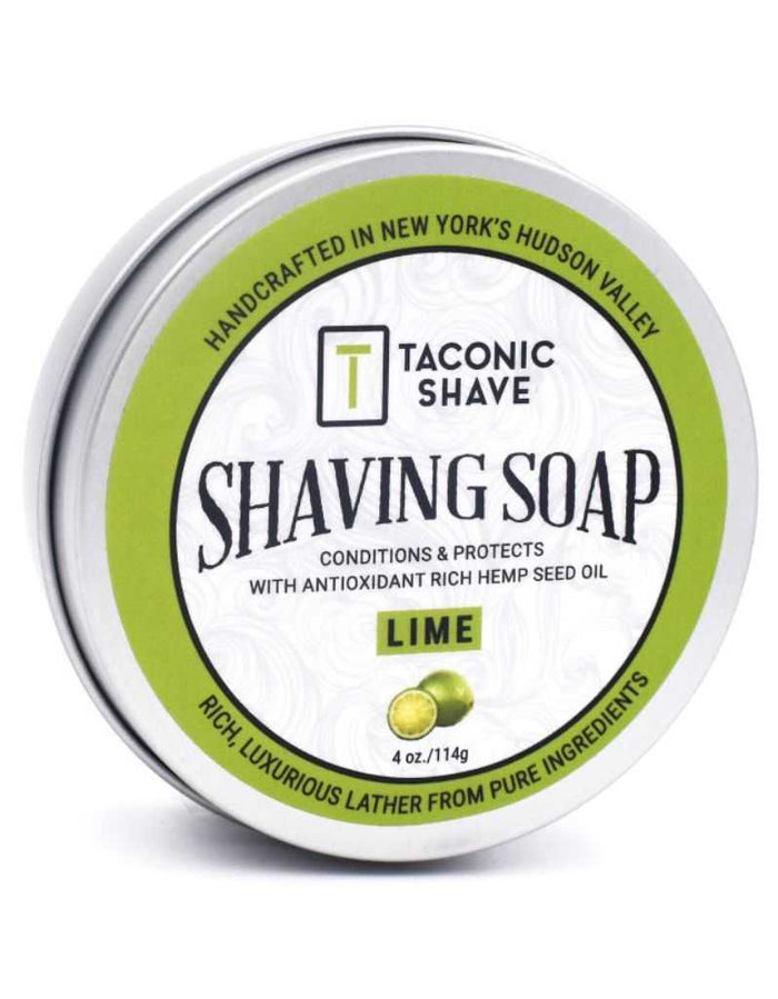 Taconic Lime Shaving Soap with hemp seed oil in a white tin container