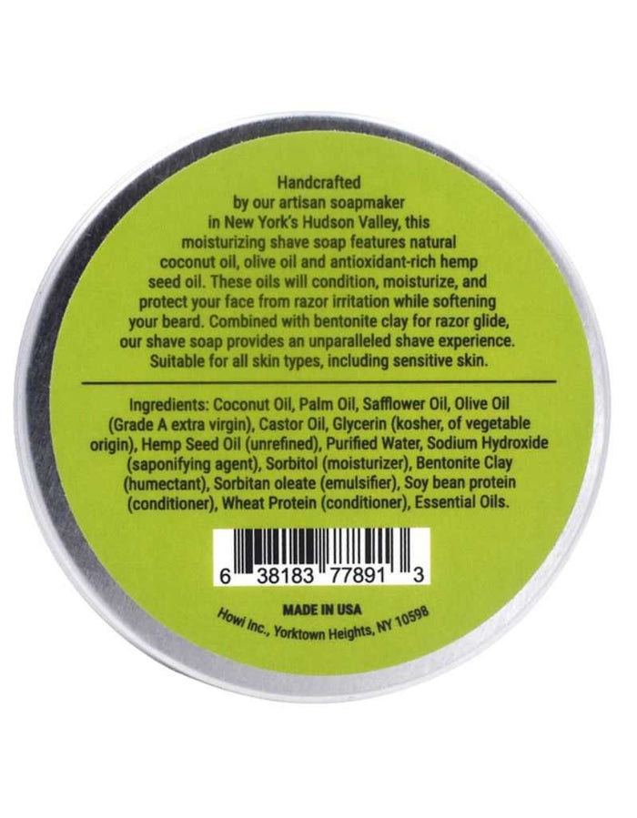 Back label of Taconic Lime Shaving Soap with ingredients and barcode