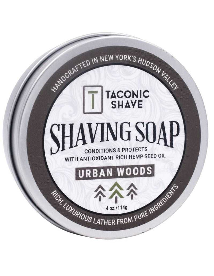 Taconic Urban Woods shaving soap tin with bergamot cedar label